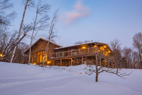 泊鲁Seesaw's Lodge的雪地里的小木屋,有树