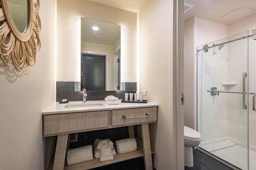 圣罗莎海滩The Lodge 30A的一间带水槽、卫生间和镜子的浴室