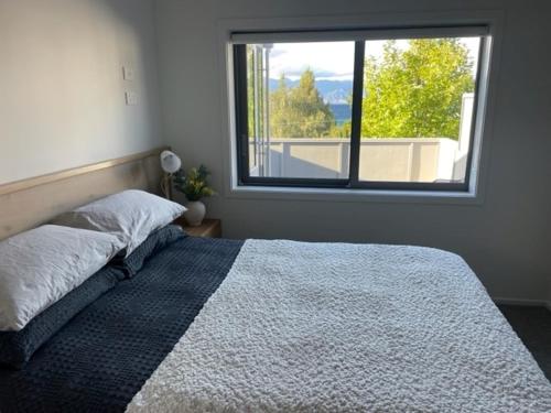 哈威亚湖Lakeview的一间卧室设有一张床和一个大窗户