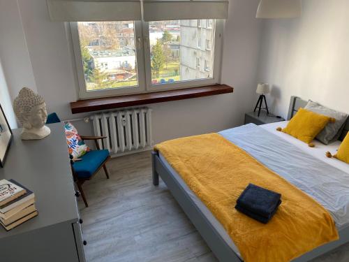 卡托维兹Słoneczny apartament的卧室配有床、椅子和窗户。