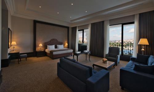伊斯坦布尔Vialand Palace Hotel的酒店客房配有一张床、一张沙发和椅子。
