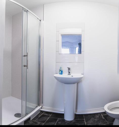 南安普敦Howard House的白色的浴室设有水槽和淋浴。