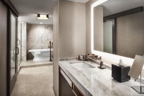 路易斯威尔路易斯维尔市中心万豪酒店 的浴室配有盥洗盆、镜子和浴缸