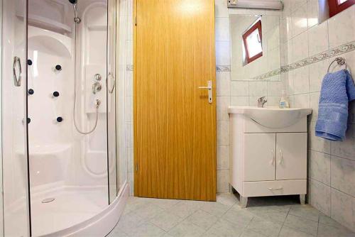 奥托亚克Holiday home in Otocec Kranjska Krain 26062的带淋浴、卫生间和盥洗盆的浴室