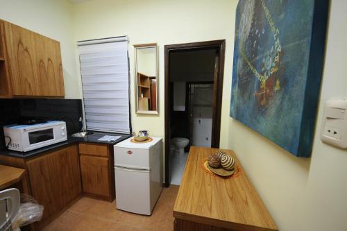 圣洛伦索OKE Apart Hotel的小厨房配有白色冰箱和桌子