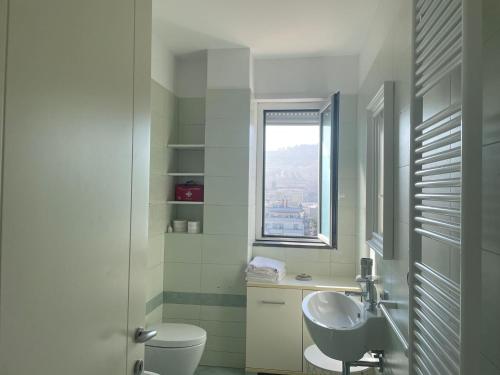阿布鲁齐的罗塞托APPARTAMENTO SUL MARE的一间带水槽和卫生间的浴室以及窗户。