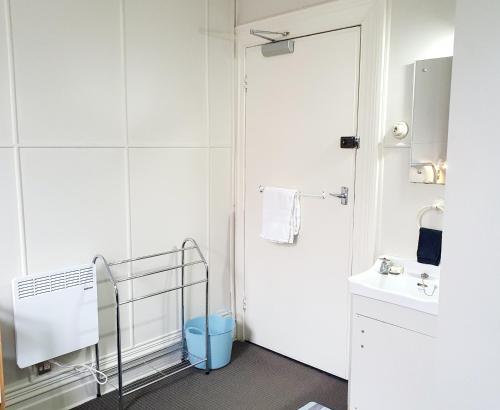 但尼丁Extended Stay City Hostel的白色的浴室设有水槽和镜子