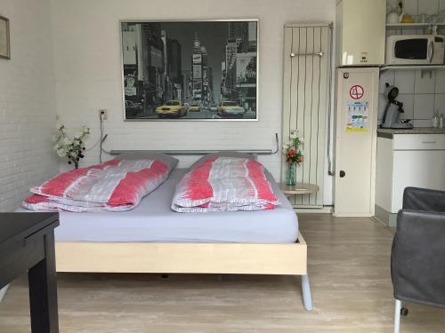 奈弗达尔Dekker的一张床上有两个红色枕头的房间