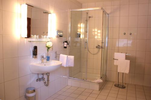 汉堡阿尔滕瓦尔德霍夫酒店的一间带玻璃淋浴和水槽的浴室