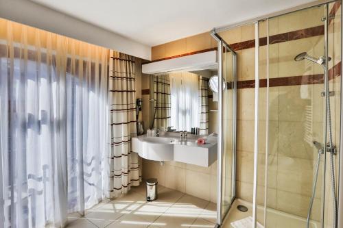 马尔什昂法梅讷卡地亚拉丁酒店的一间带水槽和淋浴的浴室