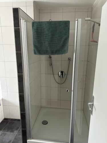 梅明根Apartment - Wohnung Memmingen Nr. 3的淋浴玻璃门和淋浴