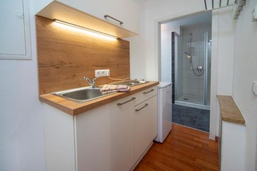梅明根Apartment - Wohnung Memmingen Nr. 3的白色的厨房设有水槽和淋浴