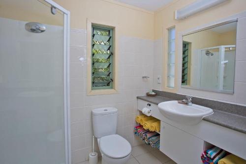 拉罗汤加白沙滩别墅的一间带卫生间、水槽和镜子的浴室