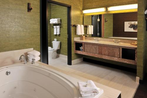 独立城Stoney Creek Hotel Kansas City - Independence的一间带大浴缸和大镜子的浴室