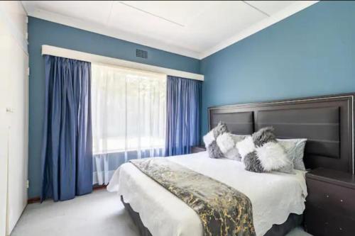 鲁德普特Revive Haven Guesthouse的一间卧室配有一张蓝色墙壁的床和一扇窗户