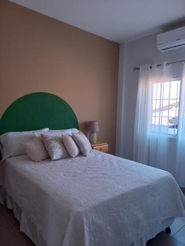 SiguatepequeHotel y Plaza JMI的一间卧室配有一张带绿色床头板的床和窗户