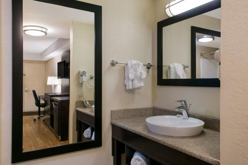 赫尔希赫尔希红屋顶汽车旅馆的一间带水槽和镜子的浴室