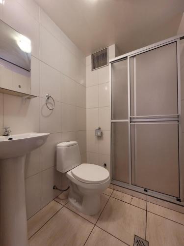 拉巴斯Hotel Nuevo Sol的浴室配有卫生间、淋浴和盥洗盆。