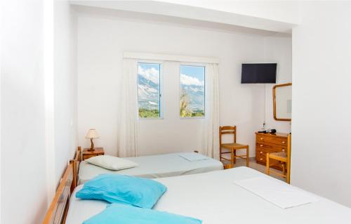 凯法利尼亚岛Blue White Apartments的一间卧室设有两张床和窗户。