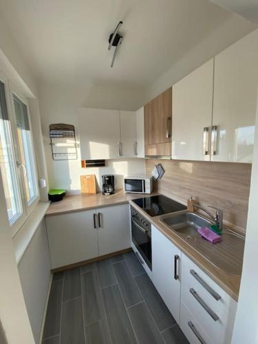 图尔恩City Apartment Tulln的小厨房配有白色橱柜和水槽