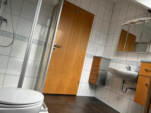 HarthausenPension Zum Paradies的一间带卫生间和水槽的浴室