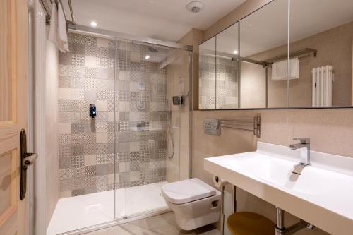 特雷斯诺Apartamentos Los Edules的一间带水槽、卫生间和淋浴的浴室