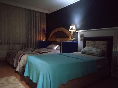 伊斯坦布尔Private Room in Istanbul #61的一间卧室配有两张床和蓝色毯子