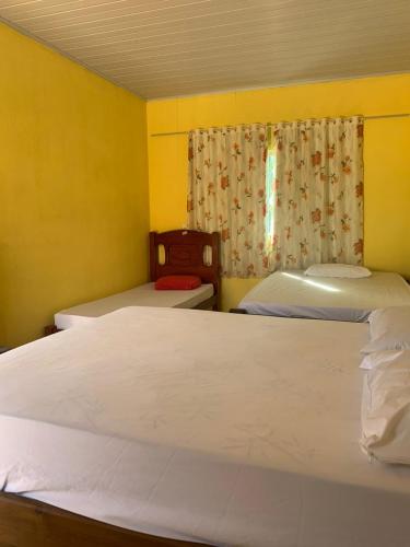 皮雷诺波利斯casa rural Bon Tempo的配有两张床的客房,设有黄色的墙壁和窗户