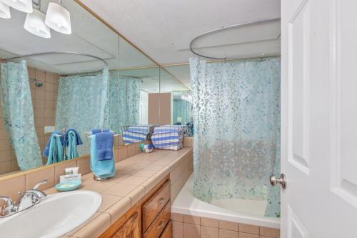 圣乔治LP 124 Mesa Views, Grill, Cable, Great Las Palmas Amenities, and Fully Stocked Kitchen的一间带水槽、浴缸和镜子的浴室