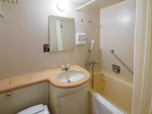 宫崎航空酒店的一间带水槽、卫生间和镜子的浴室