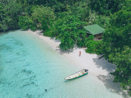 TapokrengRaja Ampat Eco Lodge的海滩空中景色,水中有一条船