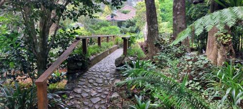 春溪English Gardens - Forest Spa Suite的花园中的一个人行道,有木桥