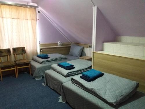 Vízcsepp szállő的一间卧室配有两张床和蓝色毛巾。