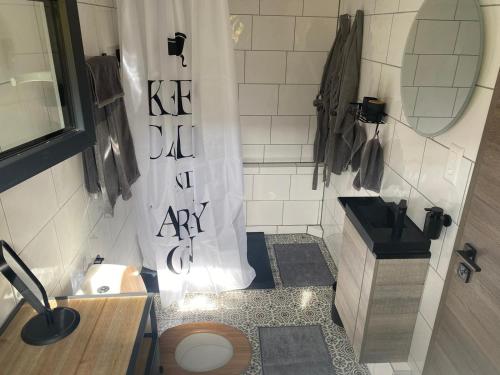 CormondrecheLaCabane的带淋浴帘和卫生间的浴室