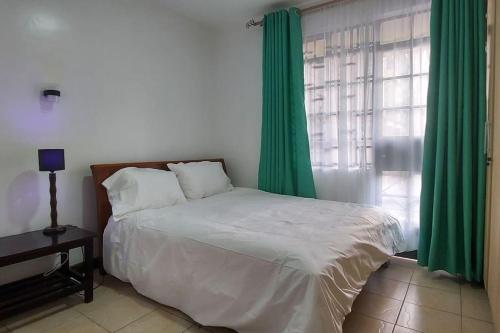阿西里弗2 bedroom Apt 20 min to JKIA Airport,SGR Train St.的一间卧室配有一张带绿色窗帘的床和窗户。
