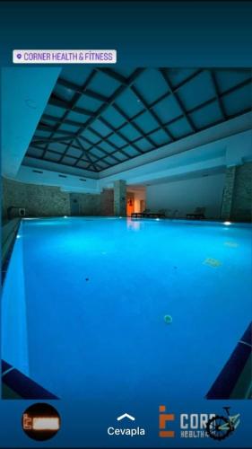 伊斯坦布尔Private Room in Istanbul #78的客房内的大型游泳池拥有蓝色的灯光