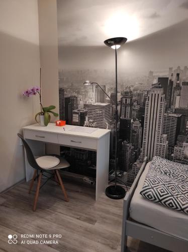 考波什堡Baross apartman的一间带书桌和床的卧室,并享有城市美景。