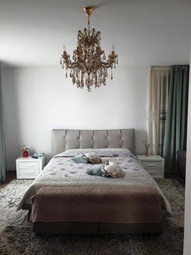谢林伯尔Panorama penthouse的一间卧室配有一张带吊灯的大床