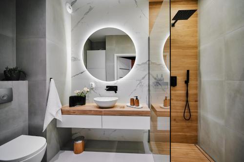 克拉科夫Przytulny Apartament Greenwall的一间带水槽和镜子的浴室