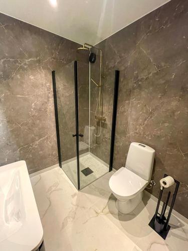 勒罗斯Villa Gulstua的带淋浴、卫生间和盥洗盆的浴室