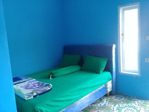 MalinoPenginapan PUTRI KEMBAR的蓝色的客房设有一张带窗户的绿色床