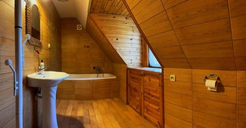 卡尔维亚Dom Karwia的浴室配有盥洗盆和浴缸。