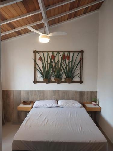 卡拉瓜塔图巴Recanto da Praia Kitnetes的卧室配有一张挂在墙上的两株植物床