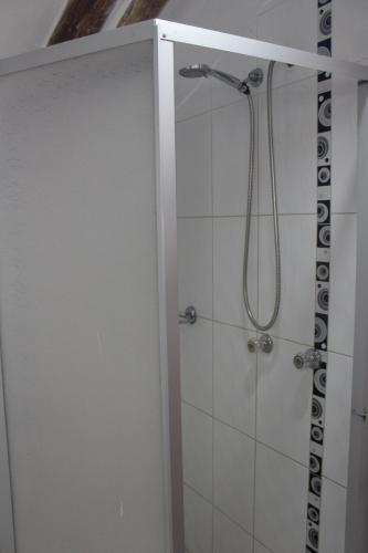 库斯科Hostal Turistico ILLAPA CUSCO 119的带淋浴的浴室和玻璃门