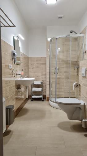 玛丽亚温泉艾丽卡旅馆的带淋浴、卫生间和盥洗盆的浴室
