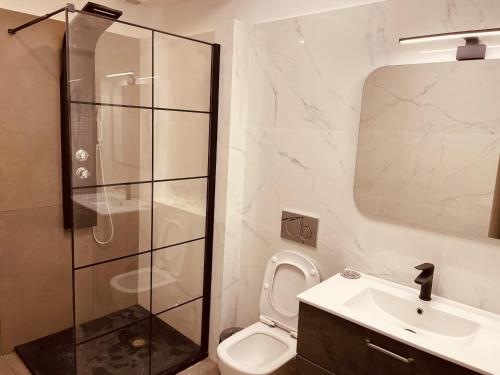 雅典Loft Athens -Nomad Friendly # SuperHost hub#的带淋浴、卫生间和盥洗盆的浴室