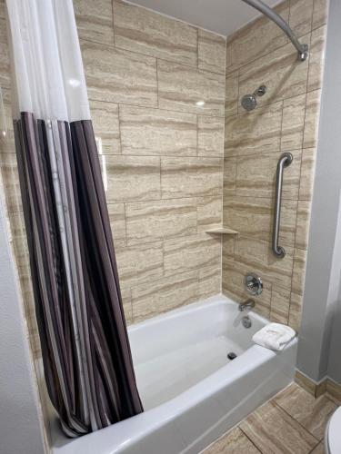 艾伦艾伦拉昆塔乡村套房酒店的浴室配有白色浴缸和淋浴。
