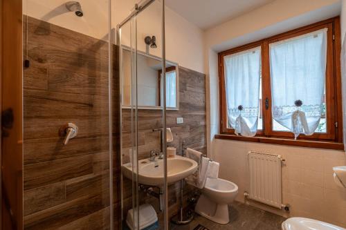 坎波多尔奇诺San Luigi - Rooms & Apartments的一间带水槽、卫生间和淋浴的浴室
