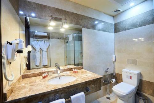 巴库Smith's Hotel的一间带水槽、卫生间和镜子的浴室