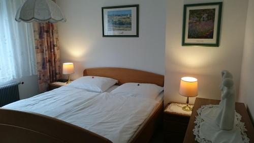 巴特塔茨曼斯多夫福余威尔斯旅馆的一间卧室配有一张床,两台桌子上放着两盏灯
